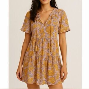 Sundance Pink Yellow Cotton Floral Tiered Dress Summer Dress Medium